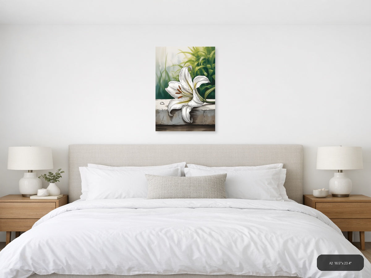 White Lily Line Art Botanical Drawing Wall Art — A2 / Bedroom