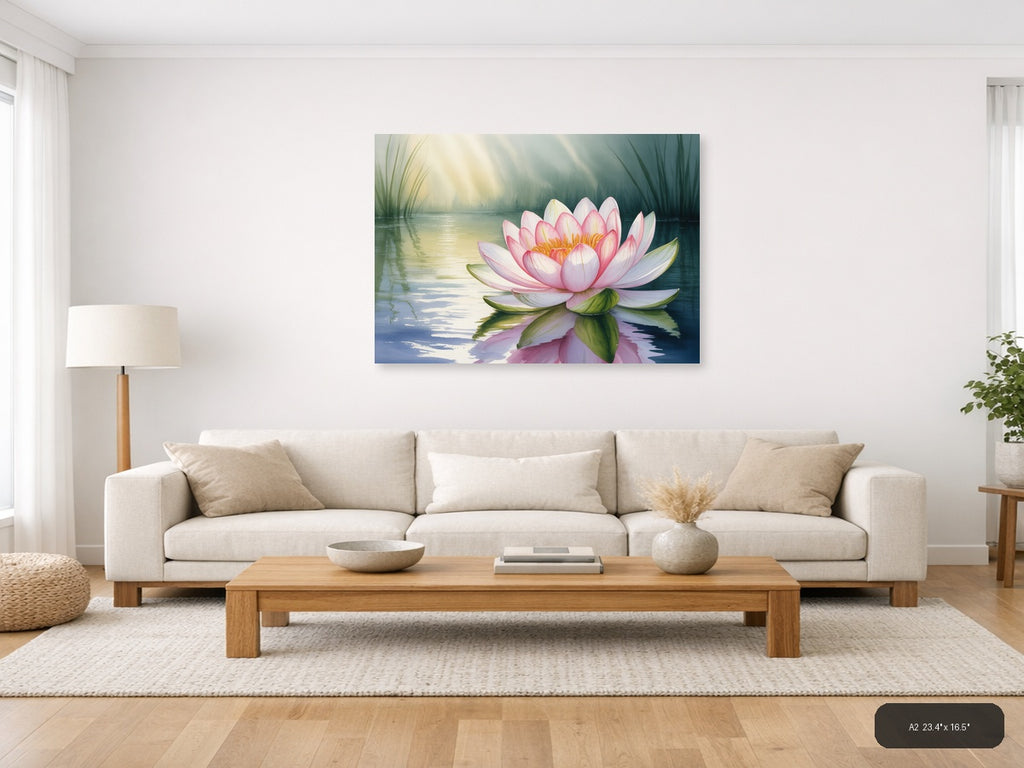 Pink Water Lily Watercolor Landscape Wall Art — A2 / Living Room