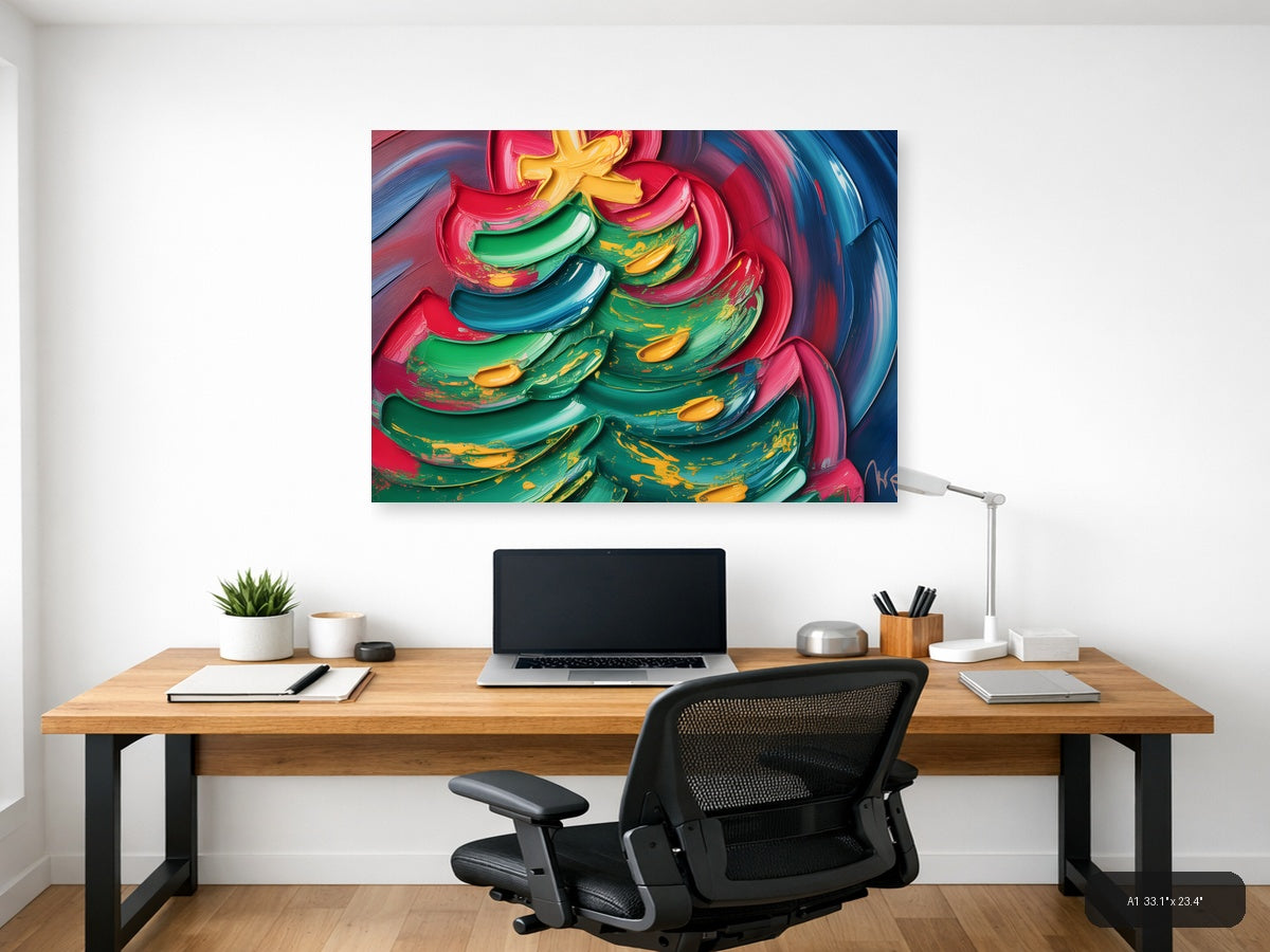 Colorful Abstract Christmas Tree with Neon Brushstrokes Wall Art — A1 / Office