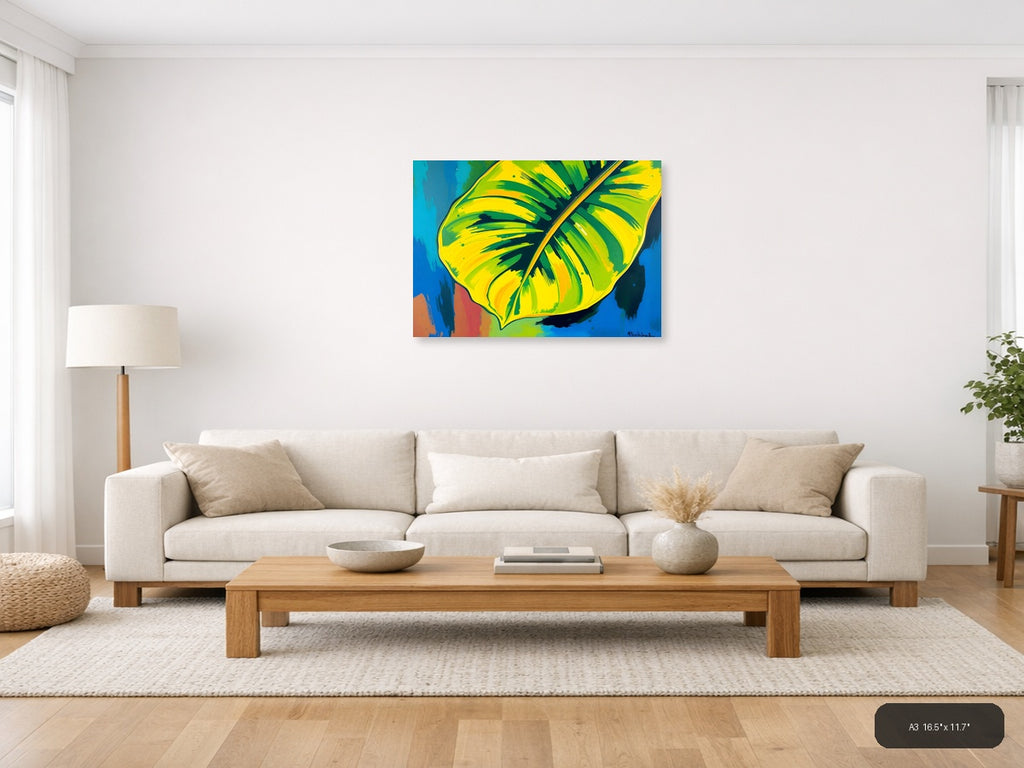 Abstract Tropical Banana Leaves Yellow Green Wall Art — A3 / Living Room