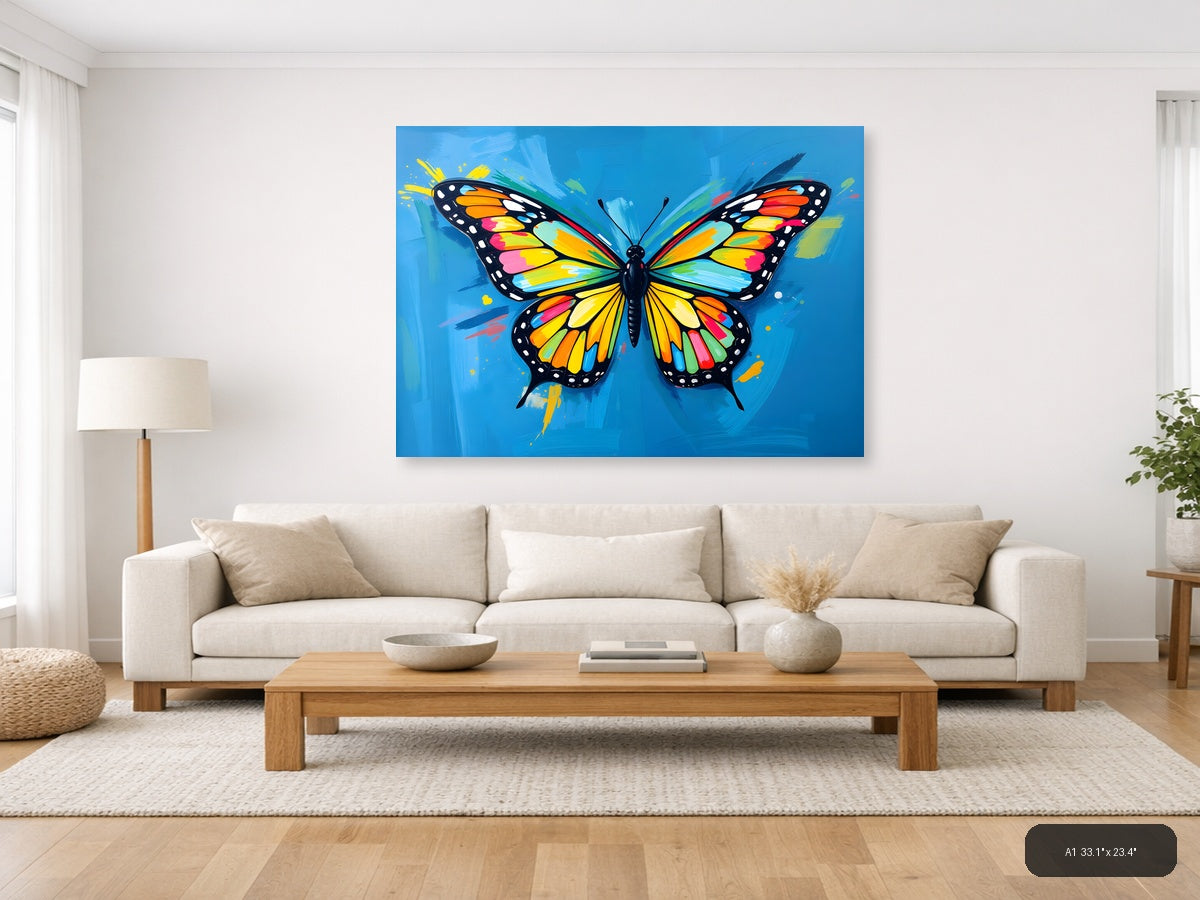 Vibrant Rainbow Butterfly Abstract Blue Wall Art — A1 / Living Room