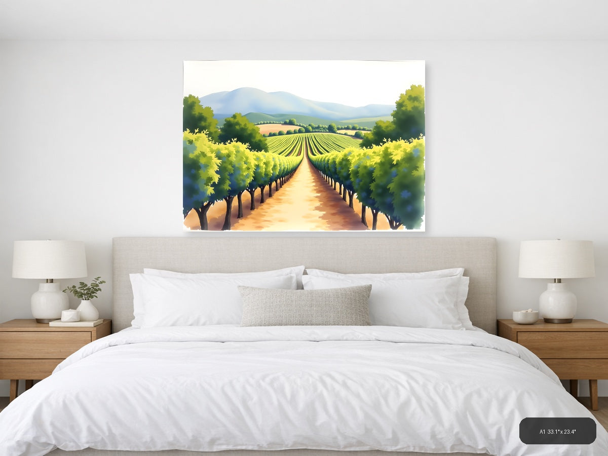 Vineyard Valley Watercolor Landscape Wall Art — A1 / Bedroom