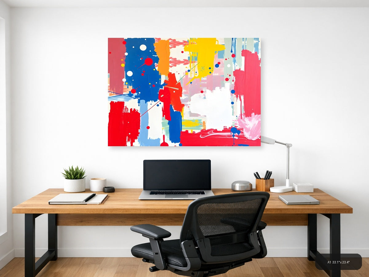 Vibrant Abstract Composition with Red, Blue & Yellow Wall Art — A1 / Office