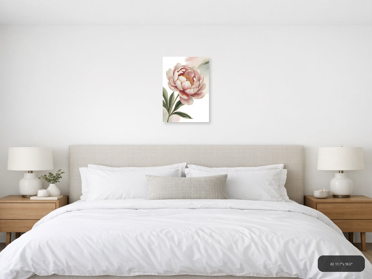 Pink Peony with Gold Accents Watercolor Wall Art — A3 / Bedroom