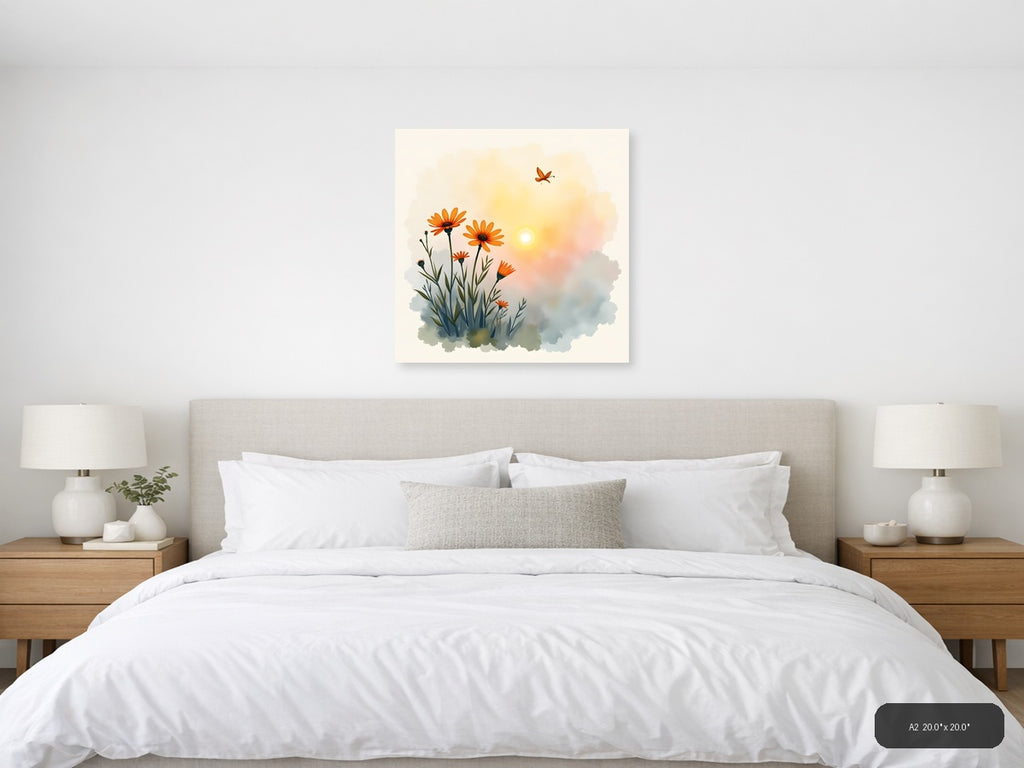 Orange Flowers Butterfly Sunrise Watercolor Wall Art — A2 / Bedroom