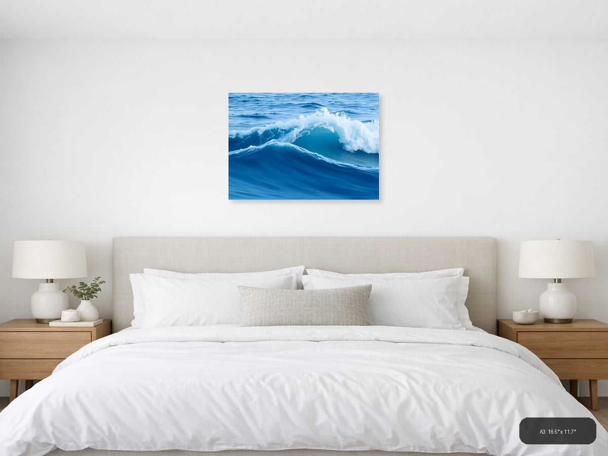 Minimalist Ocean Waves Blue Sea Wall Art — A3 / Bedroom