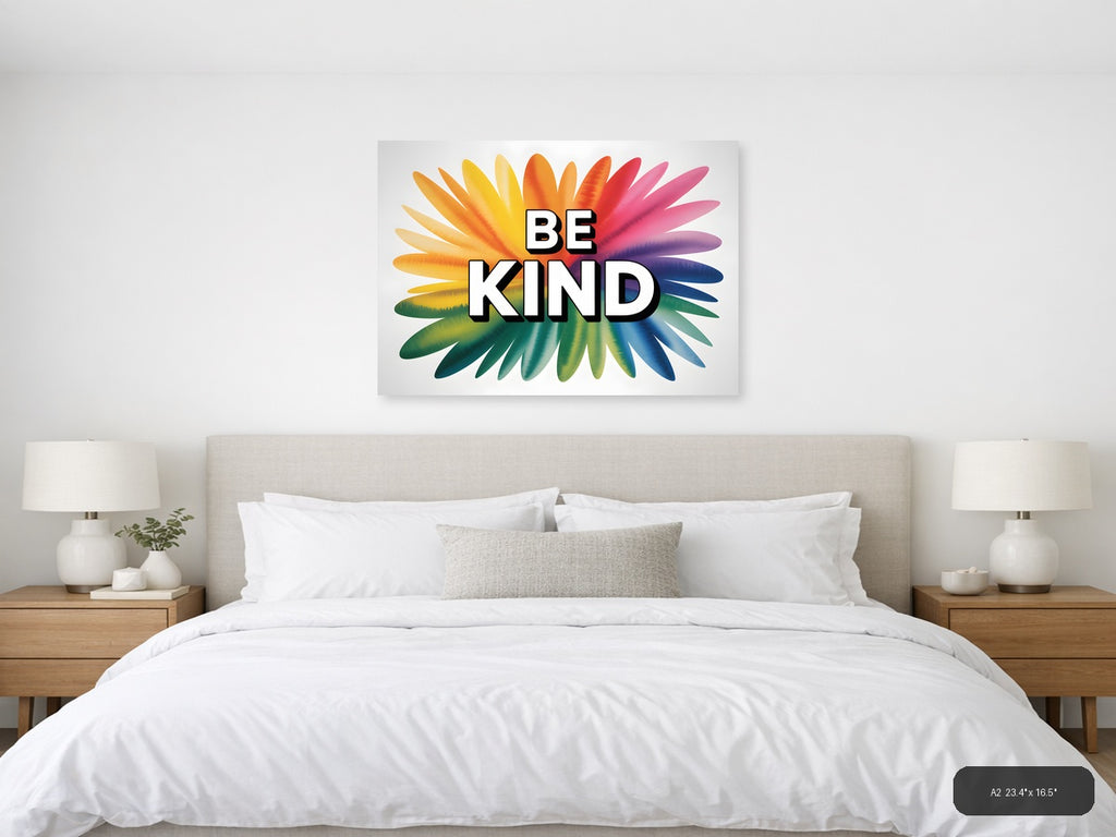 Be Kind Watercolor Rainbow Sunburst Wall Art — A2 / Bedroom