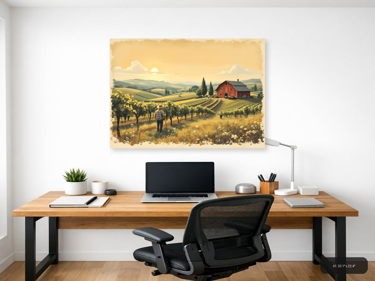 Vintage Vineyard Farm Landscape with Red Barn Wall Art — A1 / Office