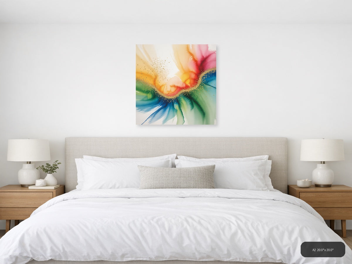 Rainbow Watercolor Flower with Gold Sparkle Wall Art — A2 / Bedroom