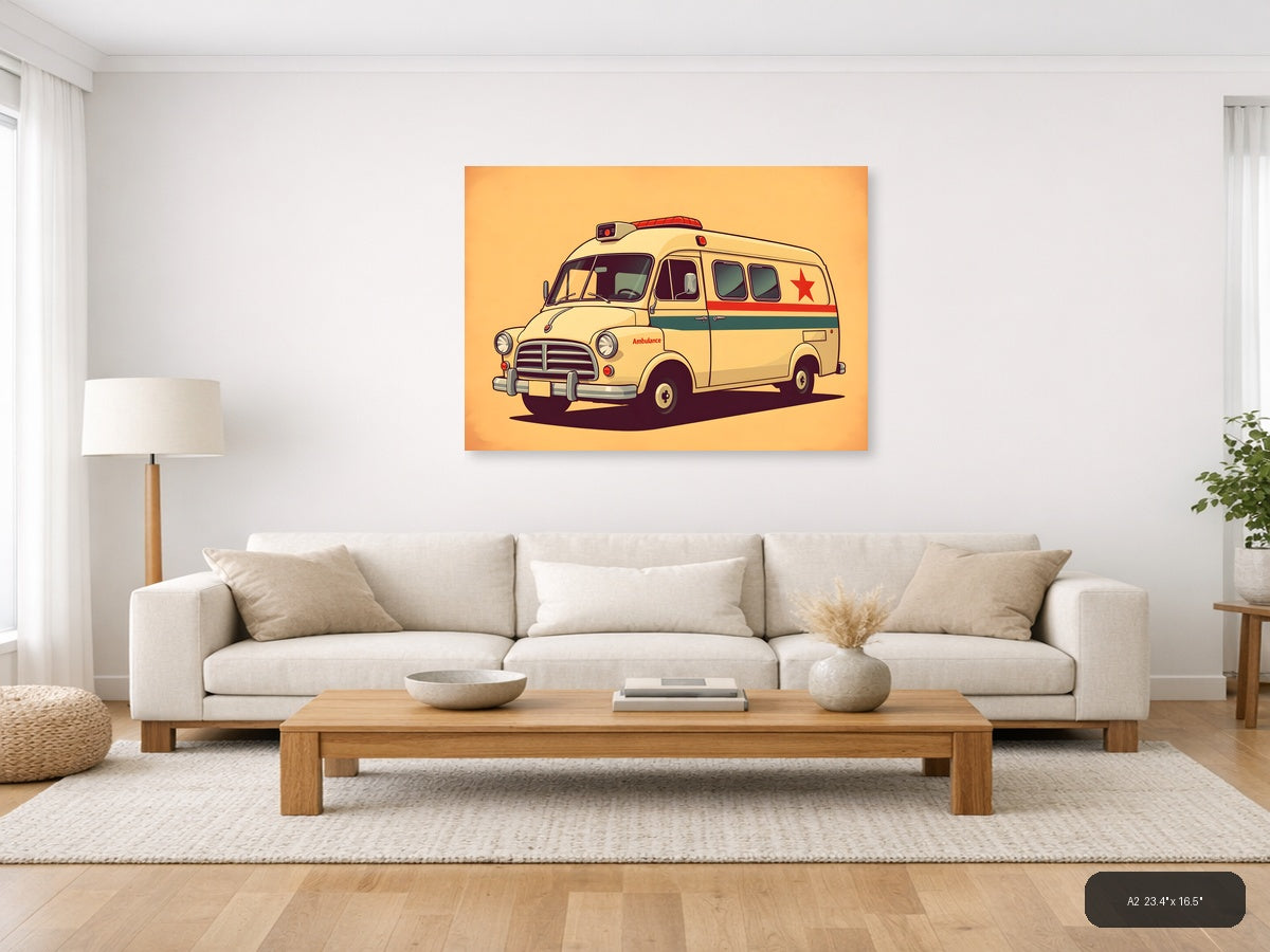 Vintage Cream Ambulance Illustration - Retro Wall Art — A2 / Living Room