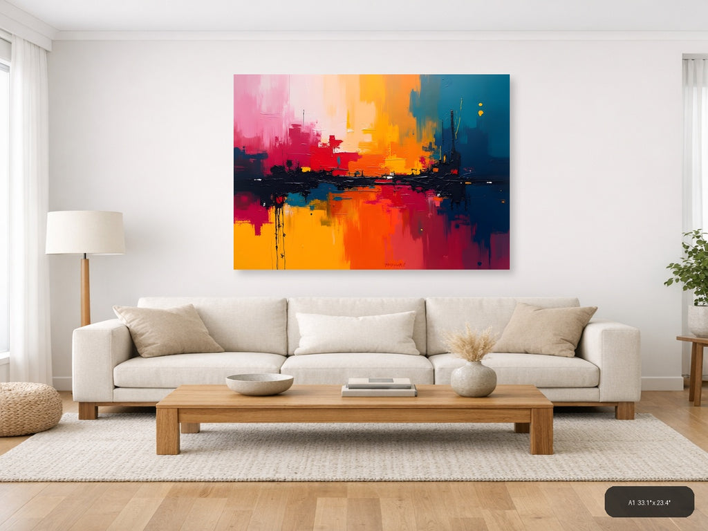 Vibrant Abstract Cityscape Sunset Reflection Wall Art — A1 / Living Room