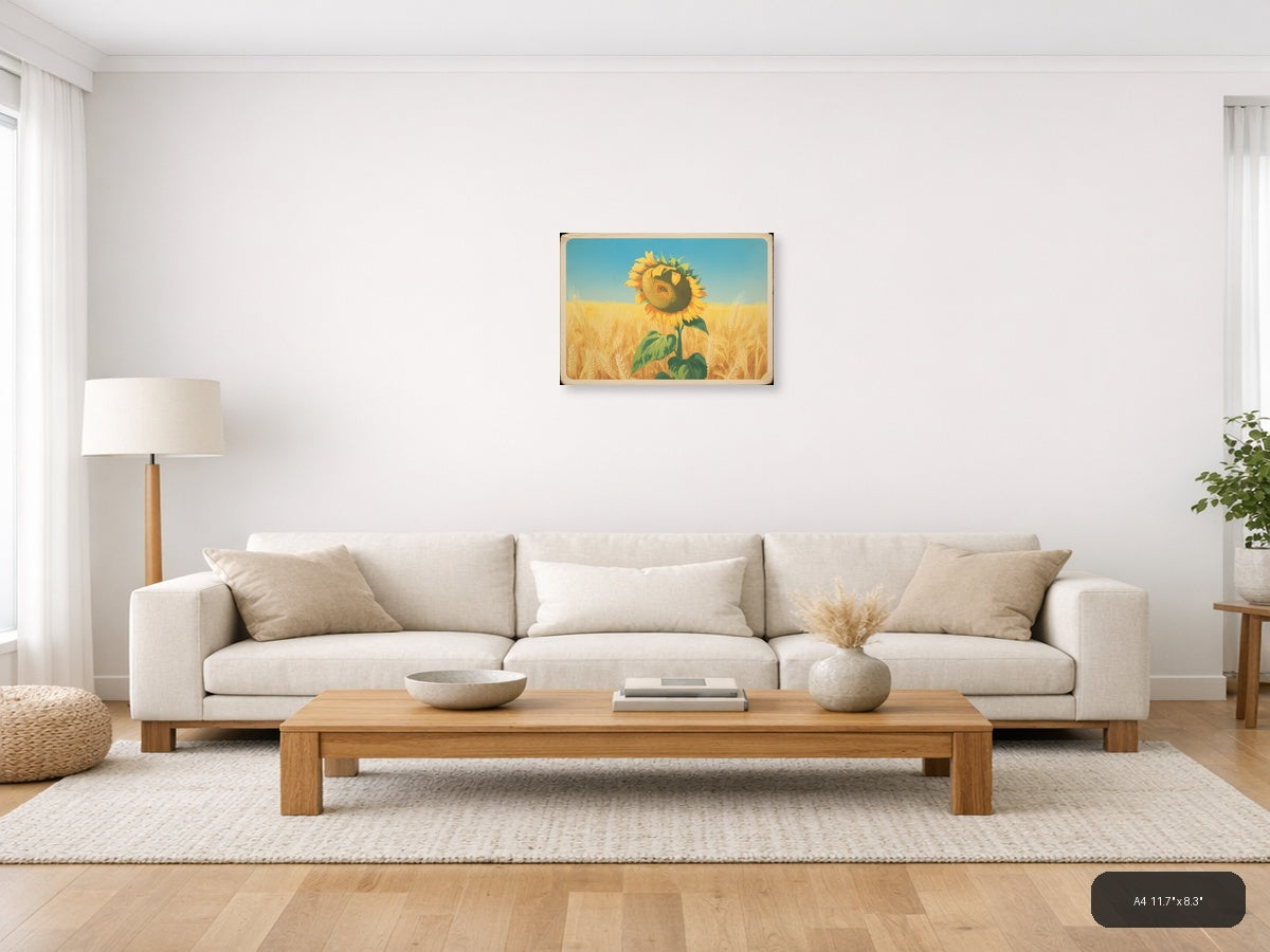 Vintage Sunflower in Wheat Field Landscape Wall Art — A4 / Living Room