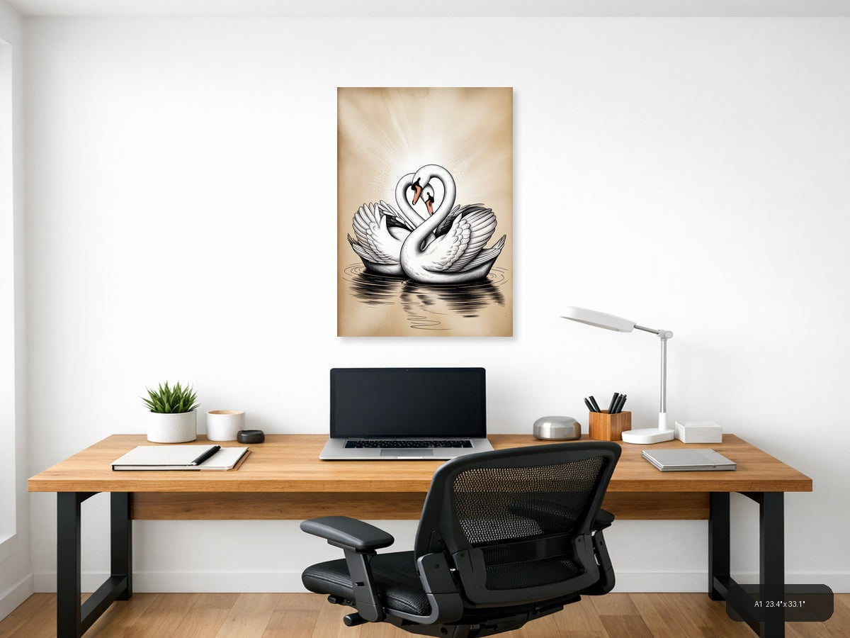 Two Swans Heart Shape Line Art Wall Art — A1 / Office