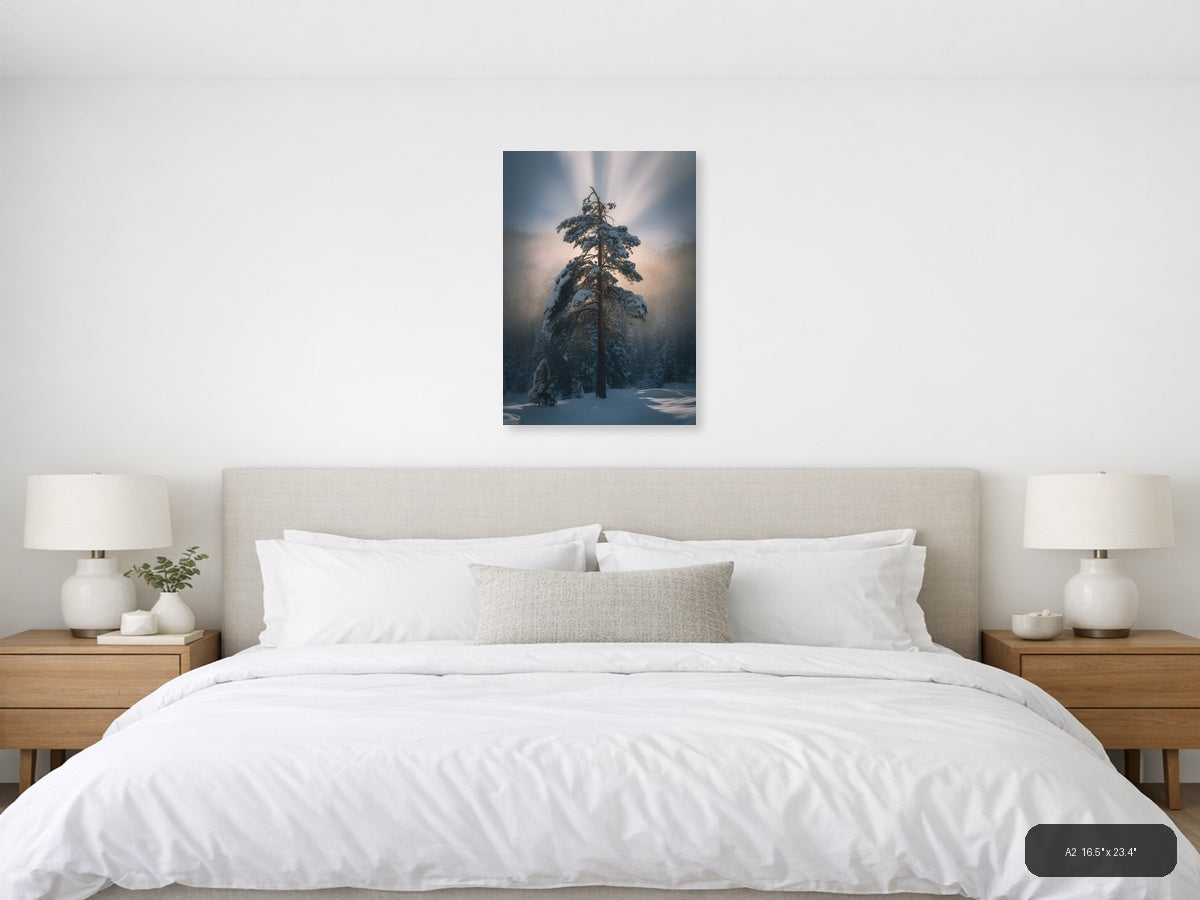 Snow-Covered Pine Tree in Misty Forest Photography Wall Art — A2 / Bedroom