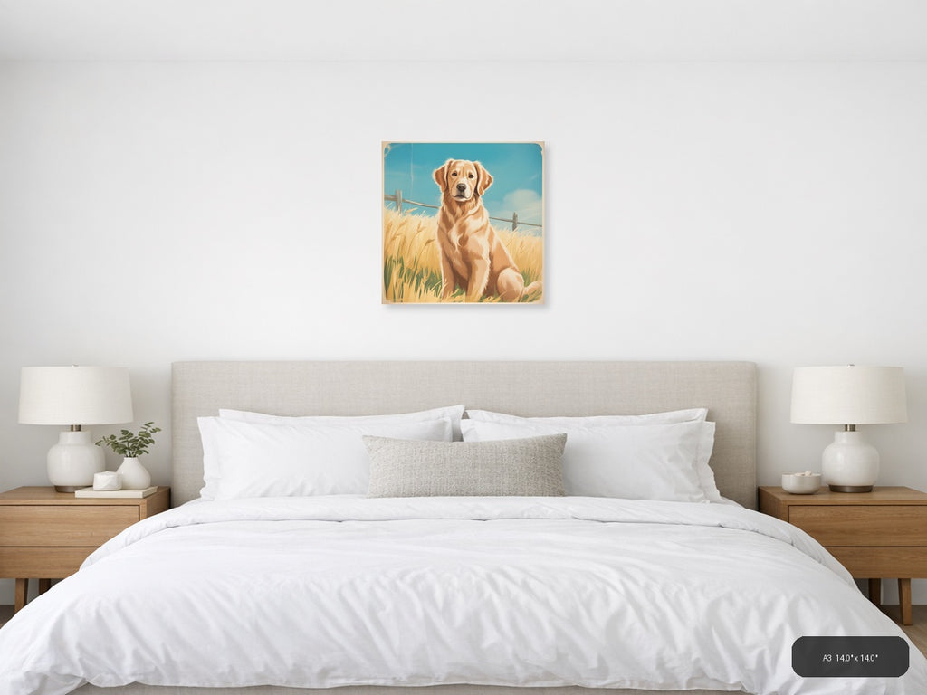 Golden Retriever in Wheat Field Vintage Wall Art — A3 / Bedroom