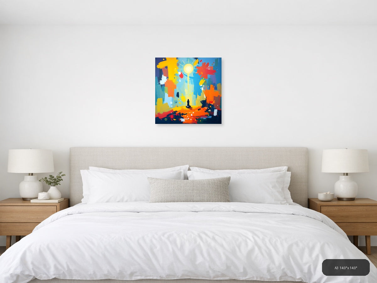 Vibrant Abstract Sun & City Landscape Wall Art — A3 / Bedroom