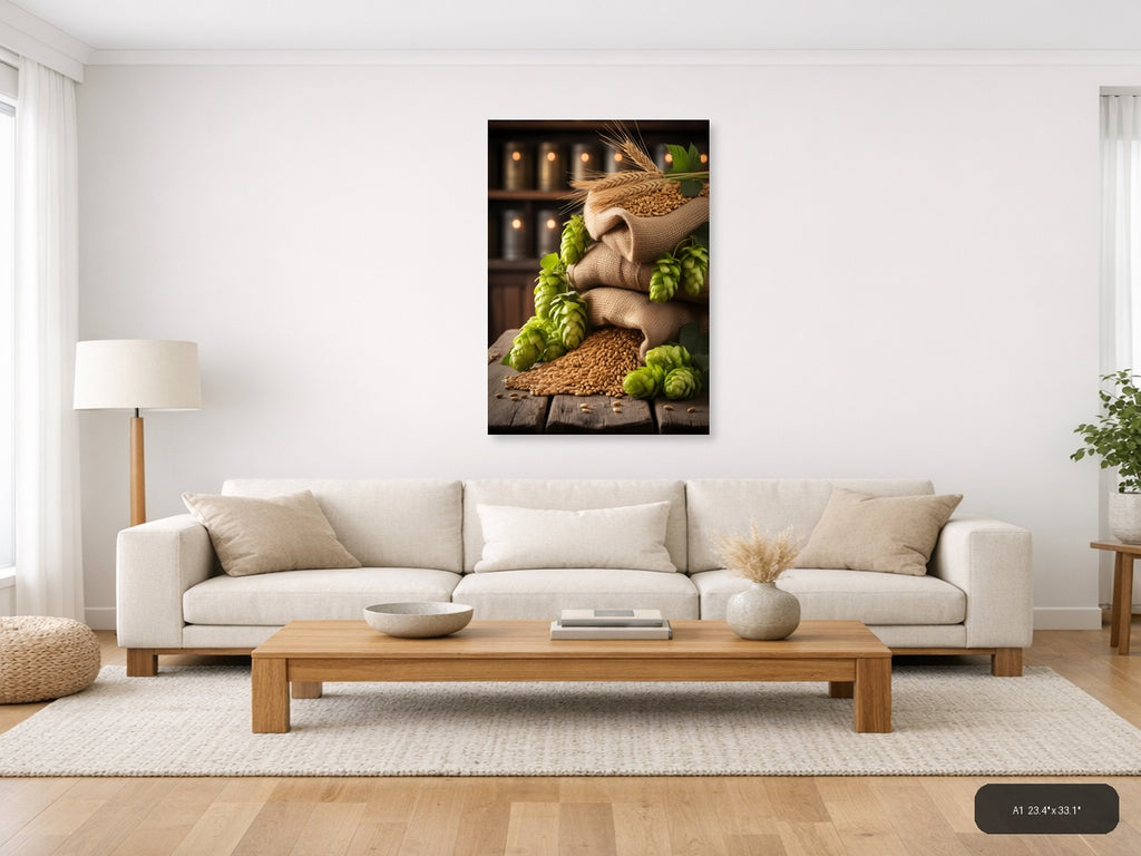 Vintage Brewery Barley Hops Canvas Wall Art — A1 / Living Room