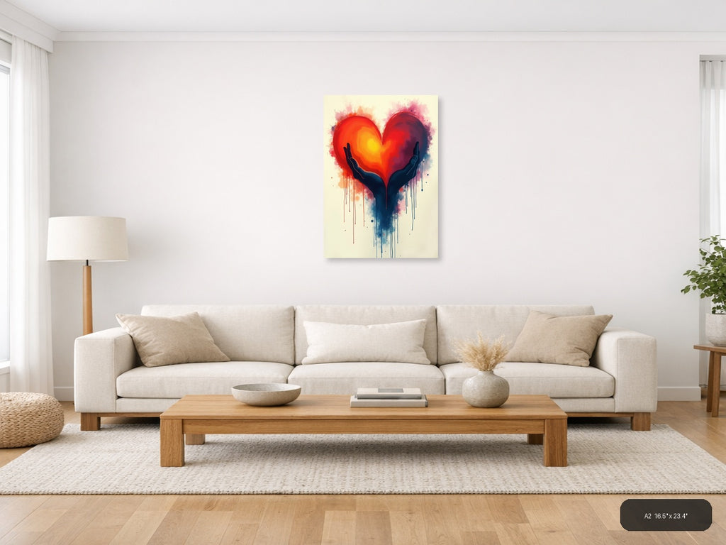 Hands Holding Glowing Heart Abstract Watercolor Wall Art — A2 / Living Room