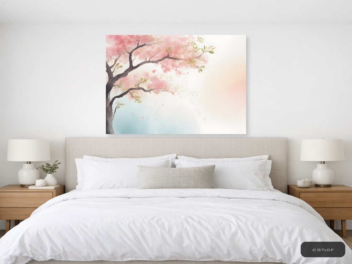 Cherry Blossom Tree Watercolor Landscape Wall Art — A1 / Bedroom