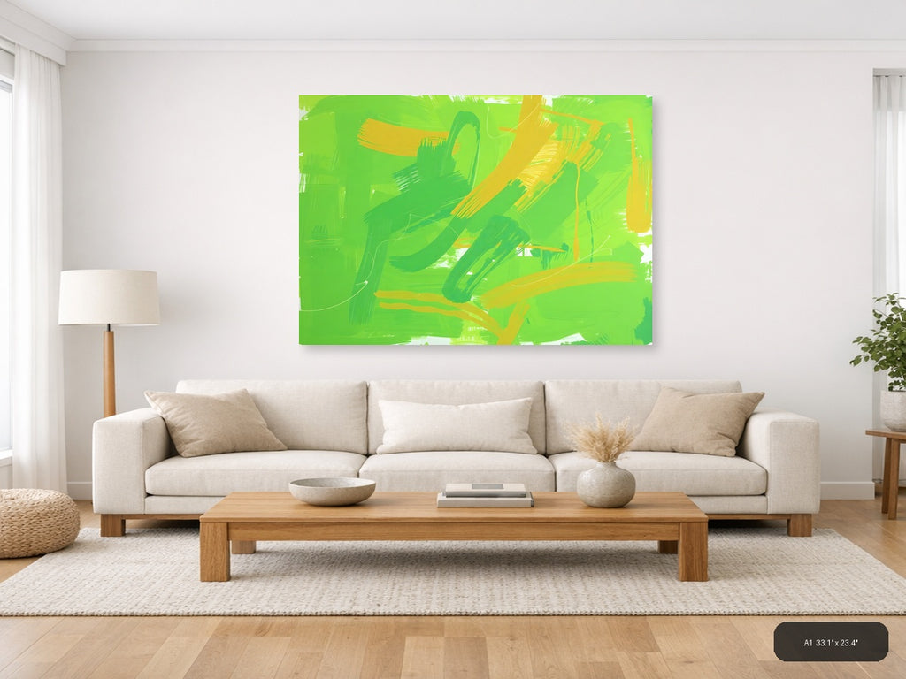 Vibrant Green & Yellow Abstract Brush Strokes Wall Art — A1 / Living Room