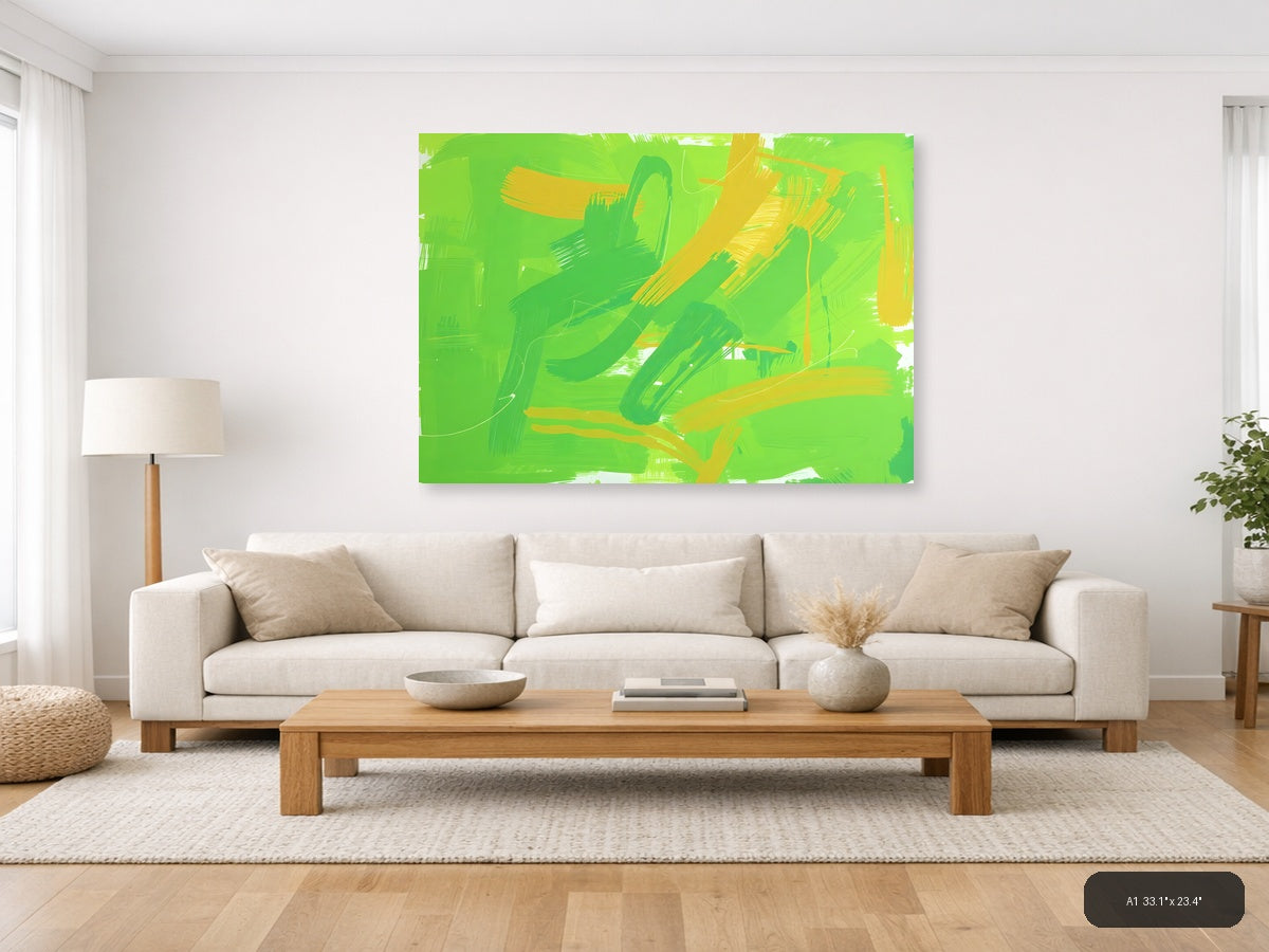 Vibrant Green & Yellow Abstract Brush Strokes Wall Art — A1 / Living Room