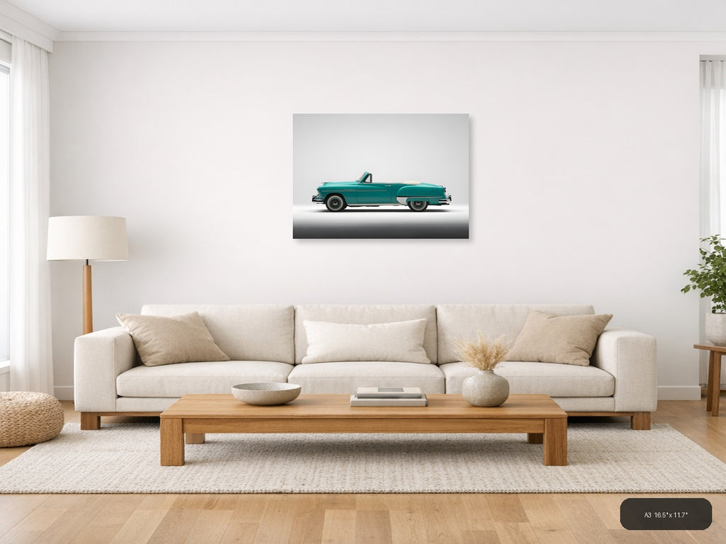 Turquoise Classic Convertible Car Minimalist Wall Art — A3 / Living Room