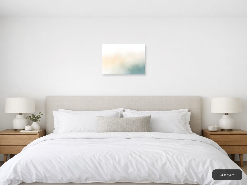 Serene Watercolor Landscape with Soft Teal & Cream Wall Art — A4 / Bedroom