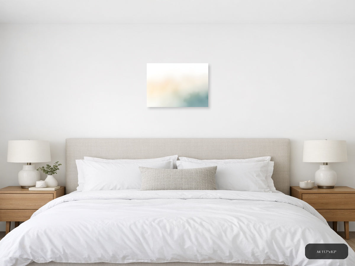 Serene Watercolor Landscape with Soft Teal & Cream Wall Art — A4 / Bedroom