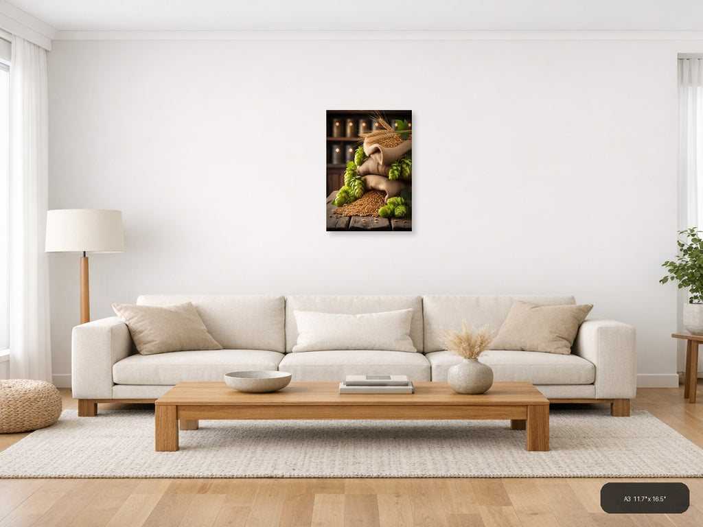 Vintage Brewery Barley Hops Canvas Wall Art — A3 / Living Room
