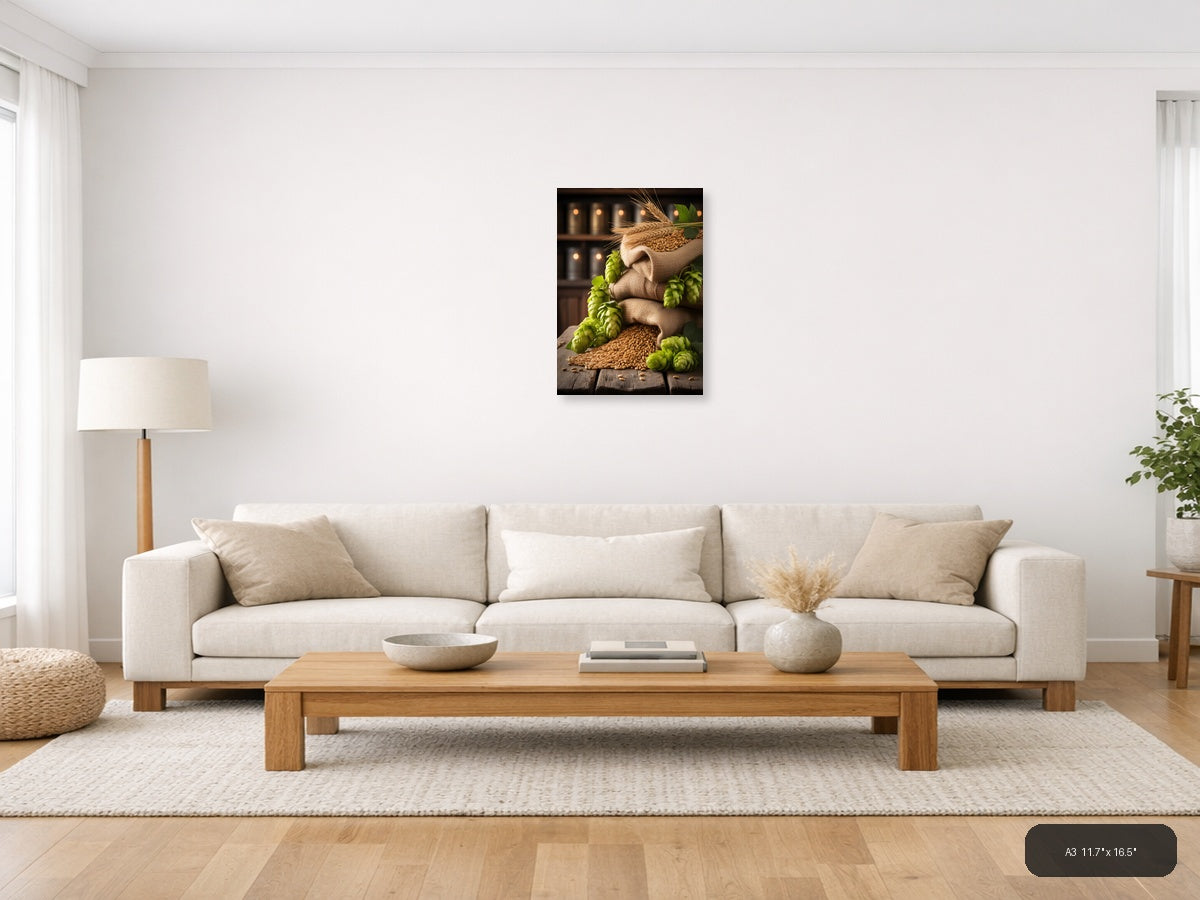 Vintage Brewery Barley Hops Canvas Wall Art — A3 / Living Room