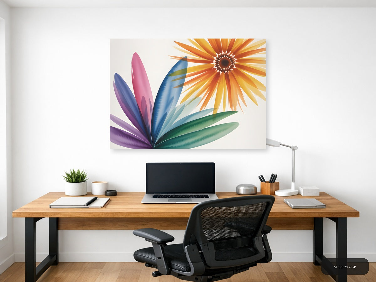 Colorful Watercolor Sunflower & Petals Landscape Wall Art — A1 / Office