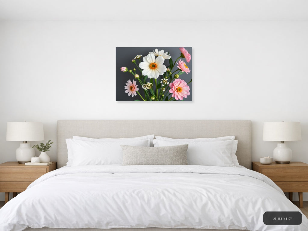 White Daisy & Pink Gerbera Minimalist Flower Wall Art — A3 / Bedroom