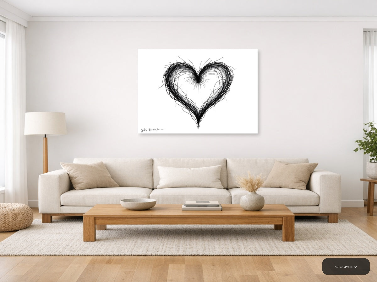 Abstract Heart Line Art Black and White Wall Art — A2 / Living Room