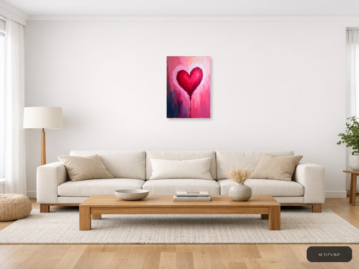 Red Heart Abstract Brushstroke Pink Wall Art — A3 / Living Room