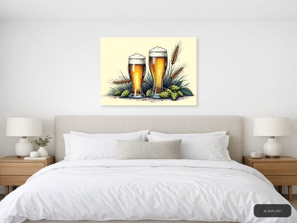 Beer Glasses with Hops and Wheat Line Art Wall Art — A2 / Bedroom