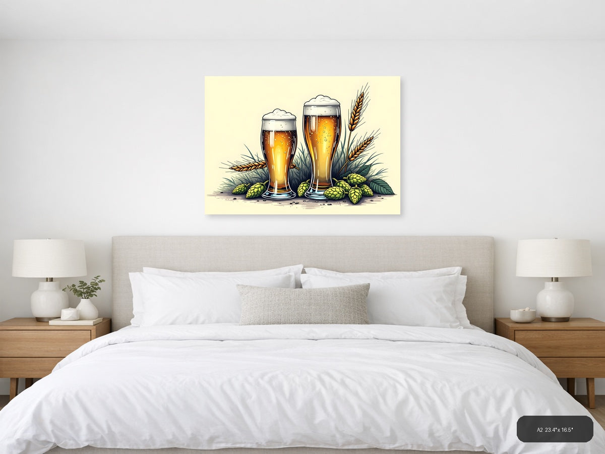 Beer Glasses with Hops and Wheat Line Art Wall Art — A2 / Bedroom