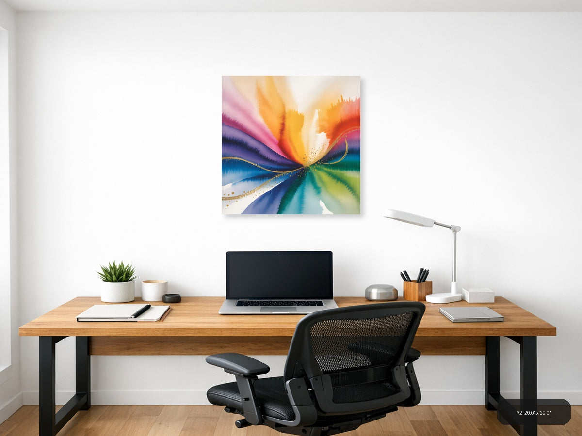 Rainbow Watercolor Wave with Gold Accents Wall Art — A2 / Office