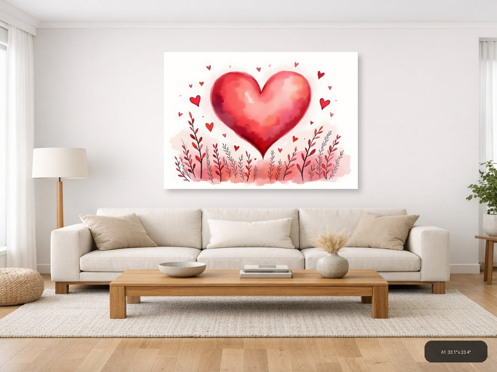 Red Watercolor Heart with Floral Field Wall Art — A1 / Living Room