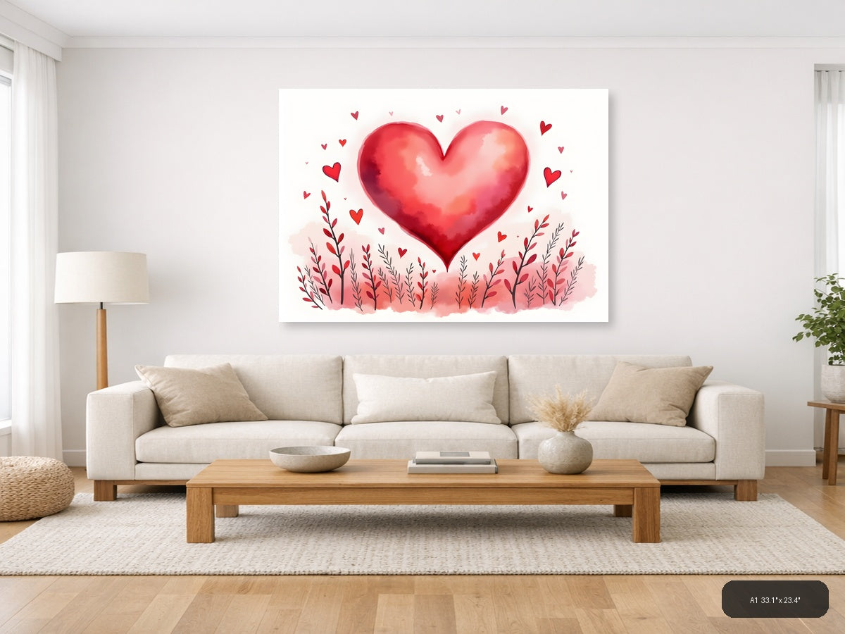 Red Watercolor Heart with Floral Field Wall Art — A1 / Living Room