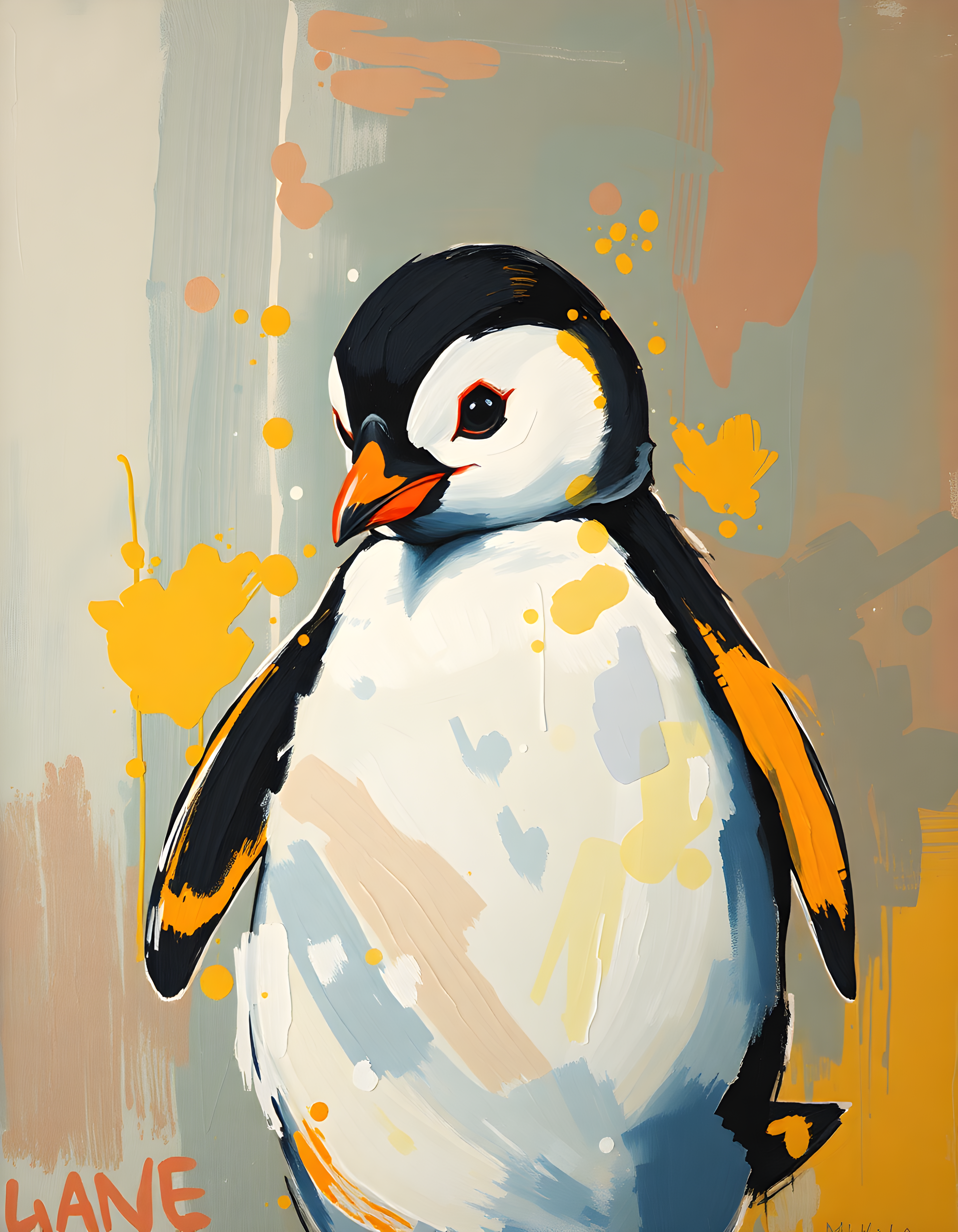Abstract Penguin Portrait with Orange Splashes Wall Art