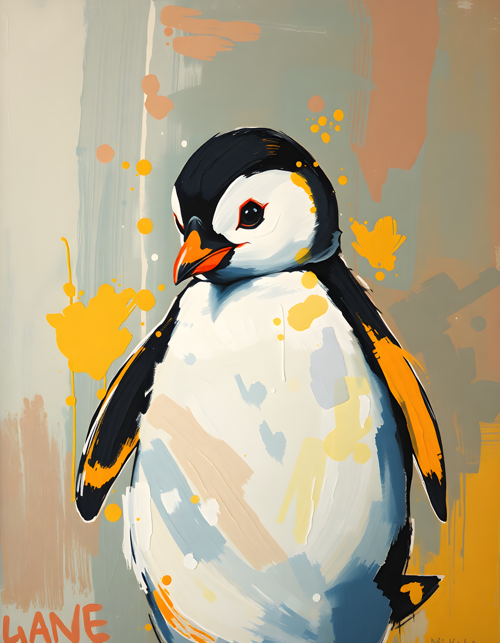 Abstract Penguin Portrait with Orange Splashes Wall Art
