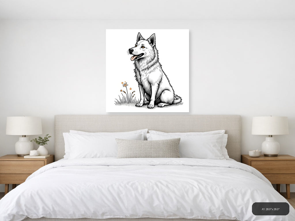 Happy Husky Dog Line Art Drawing Wall Art — A1 / Bedroom