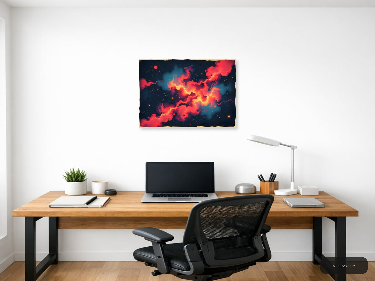 Vintage Cosmic Nebula Red Orange Fire Space Wall Art — A3 / Office