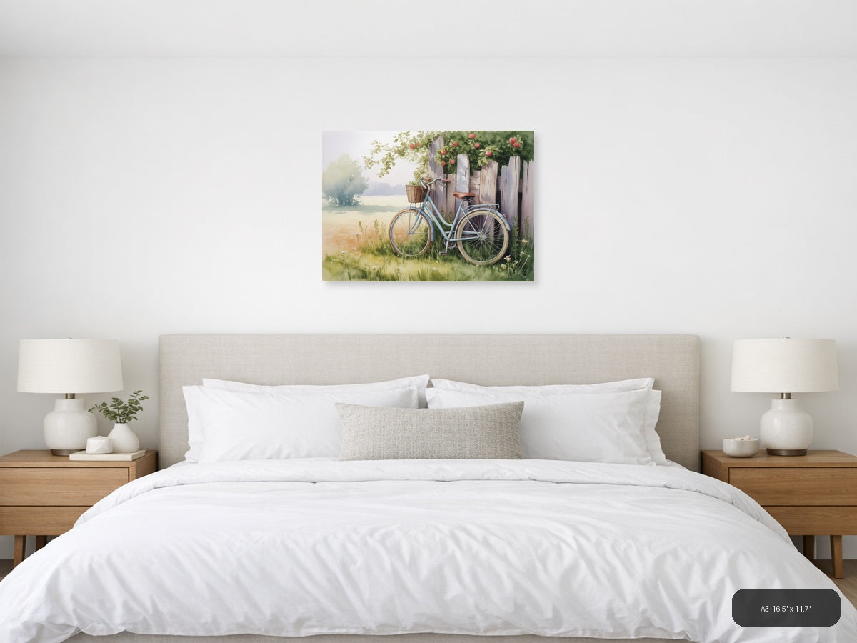 Vintage Bicycle by Wooden Fence - Watercolor Wall Art — A3 / Bedroom