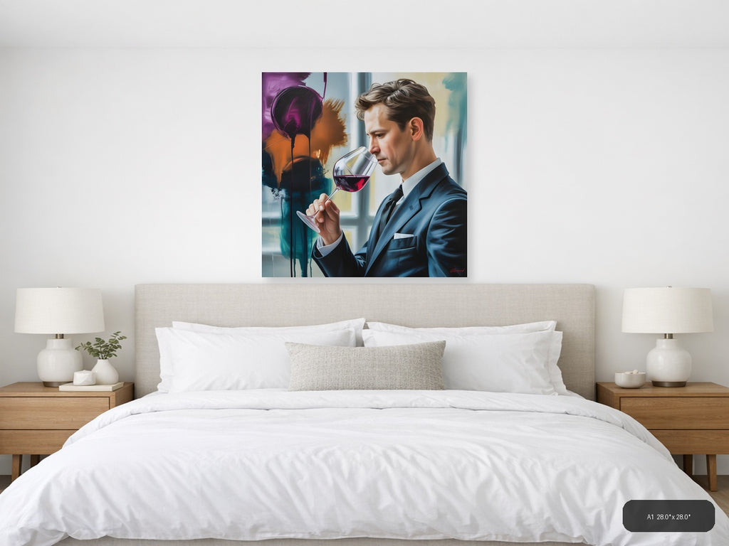 Abstract Wine Tasting Man in Blue Suit Wall Art — A1 / Bedroom