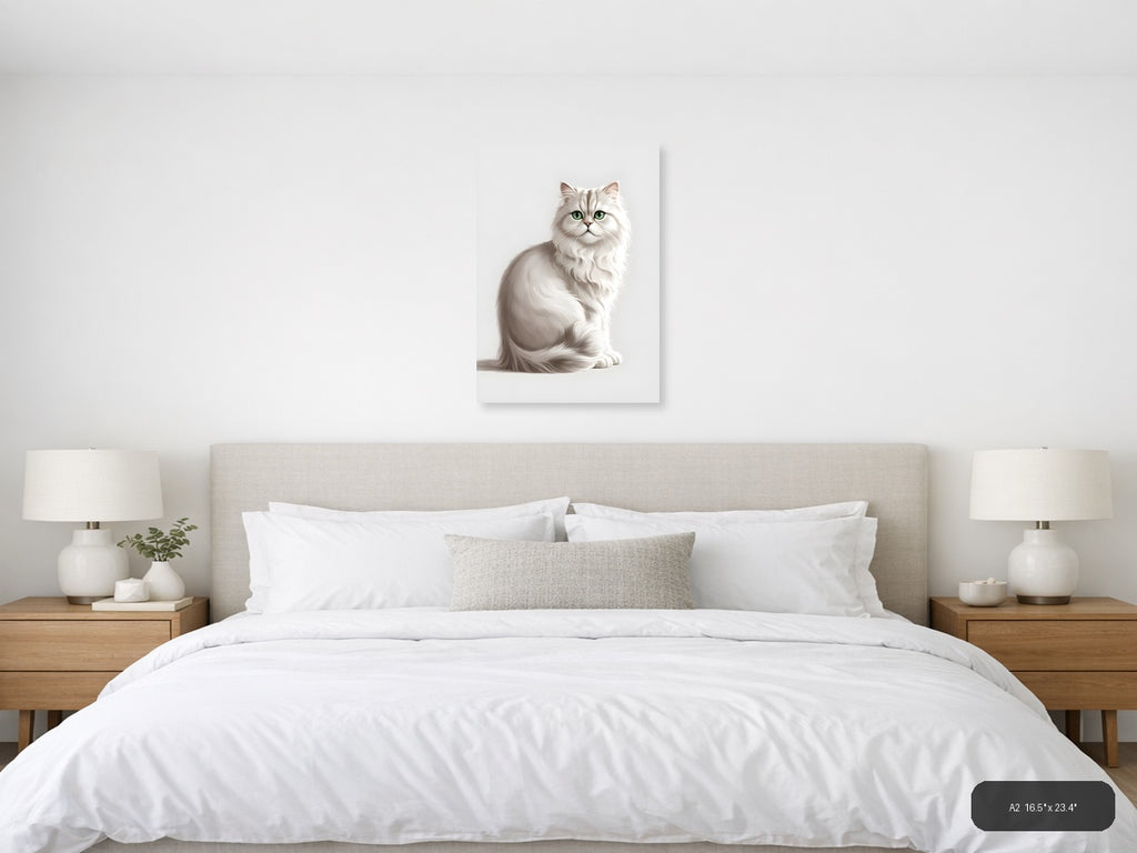 White Fluffy Cat with Green Eyes Minimalist Wall Art — A2 / Bedroom