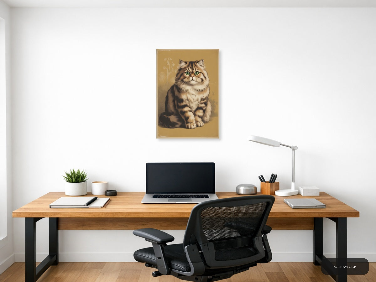 Vintage Tabby Cat with Green Eyes Portrait Wall Art — A2 / Office