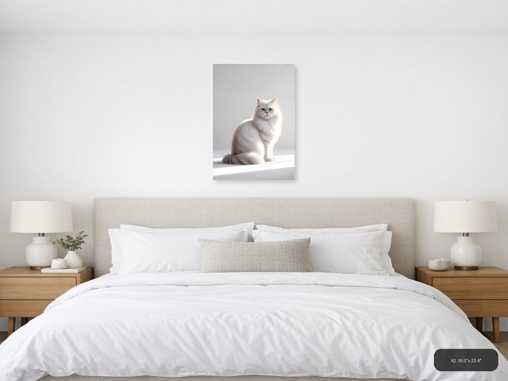 White Fluffy Cat with Blue Eyes Minimalist Wall Art — A2 / Bedroom