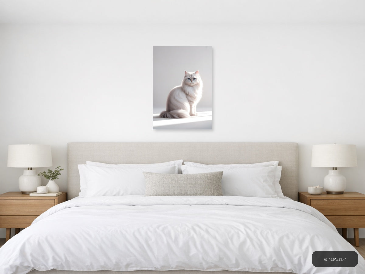 White Fluffy Cat with Blue Eyes Minimalist Wall Art — A2 / Bedroom