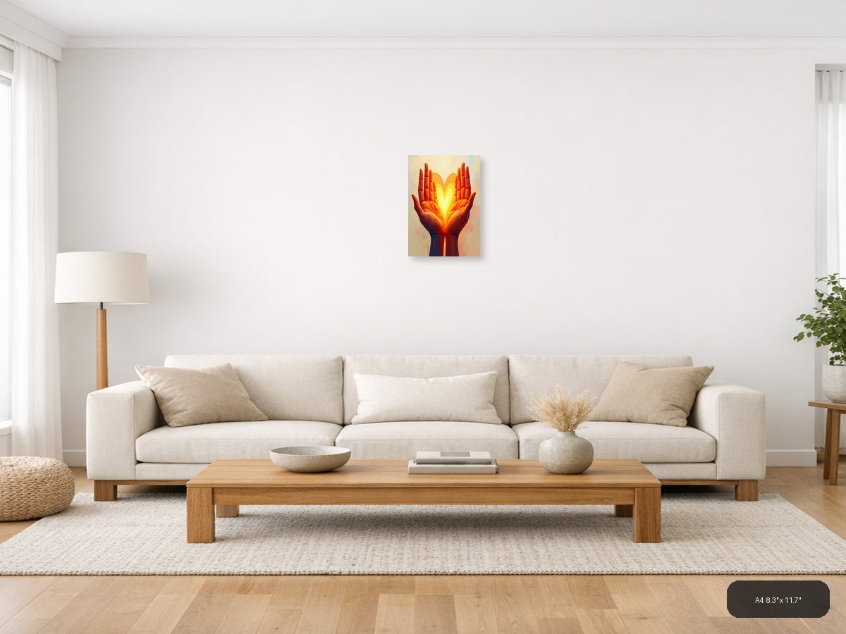 Glowing Heart in Hands Abstract Portrait Wall Art — A4 / Living Room